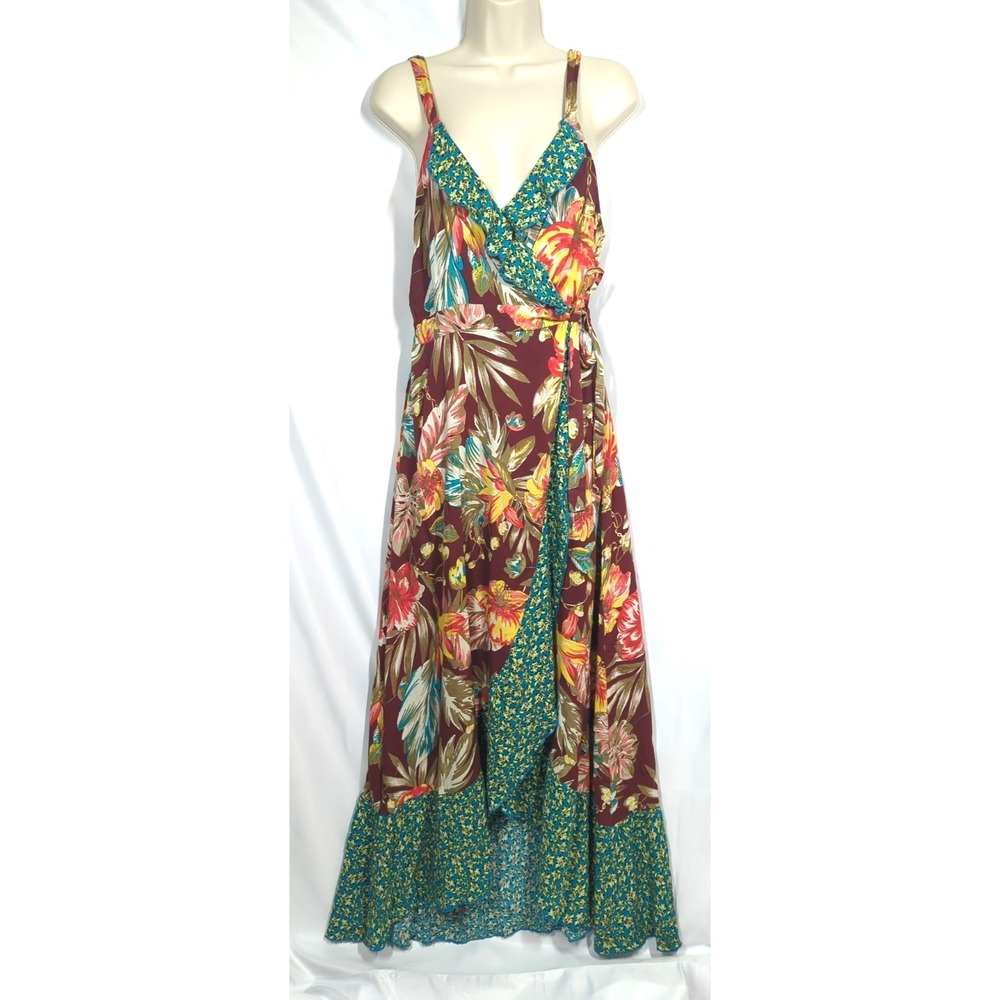 Vtg Boho Maxi Wrap Sundress S Miami Ruffle Asymmetrical Hem Playful Breezy Beach